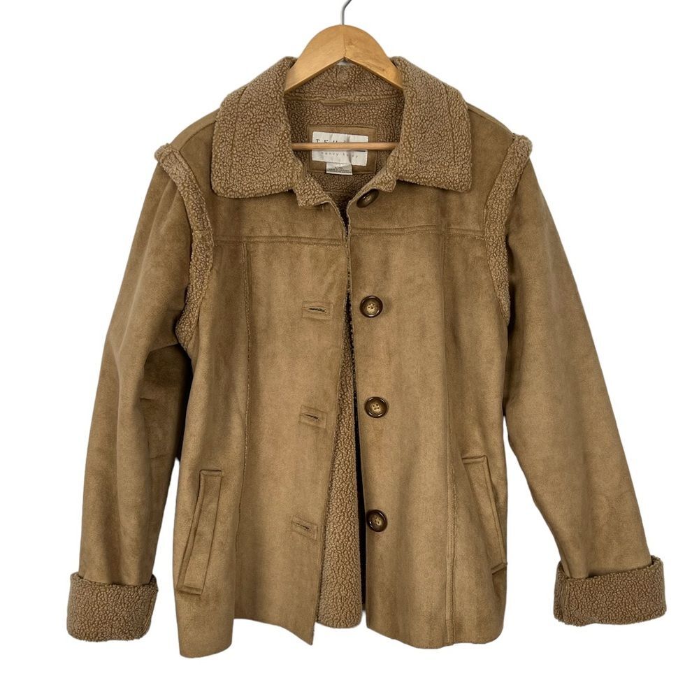 Vintage Neutral Tan Faux Suede 70s Hippie Boho Fur Trim Y2K Button Front Coat